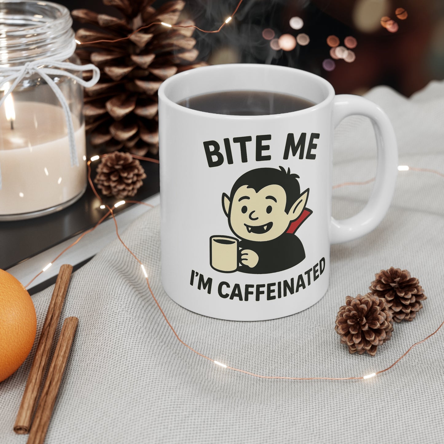 Spooky Vampire Mug | Bite Me I'm Caffeinated Coffee Cup, Halloween Decor, Funny Gift, Gothic Kitchenware, Vampire Lovers