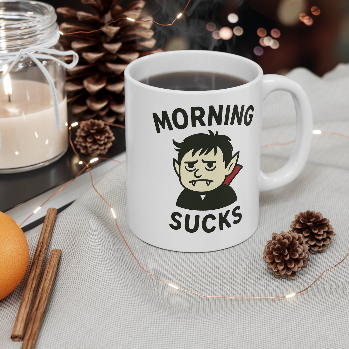Morning Sucks Mug, Funny Coffee Cup, Halloween Decor, Gift for Night Owls, Novelty Drinkware, Vampire Theme