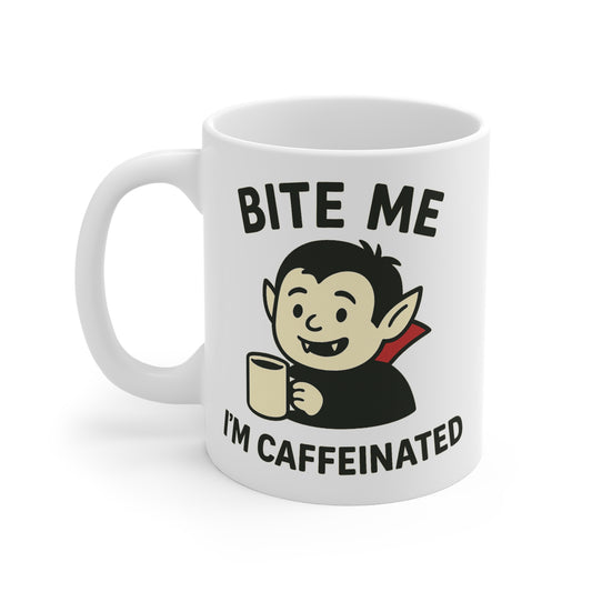 Spooky Vampire Mug | Bite Me I'm Caffeinated Coffee Cup, Halloween Decor, Funny Gift, Gothic Kitchenware, Vampire Lovers